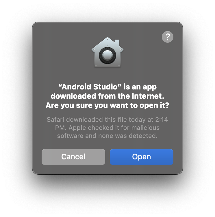 Android Studio is an app downloaded from the Internet. Are you sure you want to open it